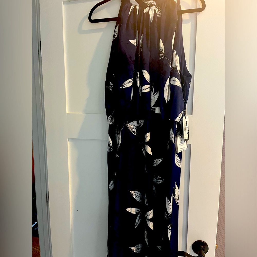 FLORAL PRINT HALTER MIDI DRESS WITH MOCK NECKLINE IN NAVY AND IVORY.